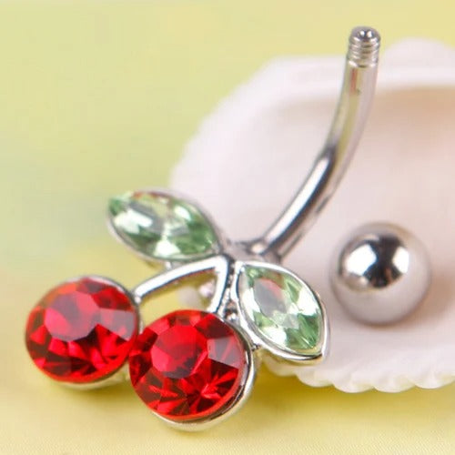 Pretty Rhinestone Red Cherry Navel Belly Button Barbell Ring Body Piercing
