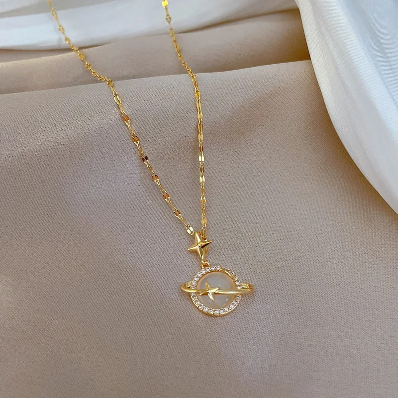 OIMG 316L Stainless Steel Gold Color Opal Planet Star Pendant Necklace For Women Girl Elegant Jewelry Party Gift