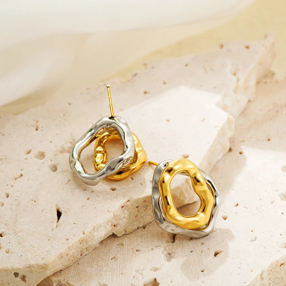 Women’s Bicolor Gold Silver Circle Earrings Hammered Geometric Design