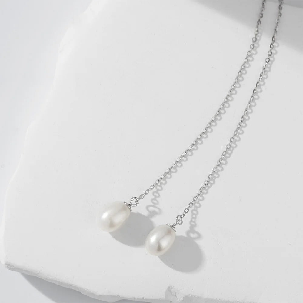 Tempusort 925 Sterling Silver Freshwater Pearl Chain Threader Earrings for Women Elegant Drop Fashion Jewelry