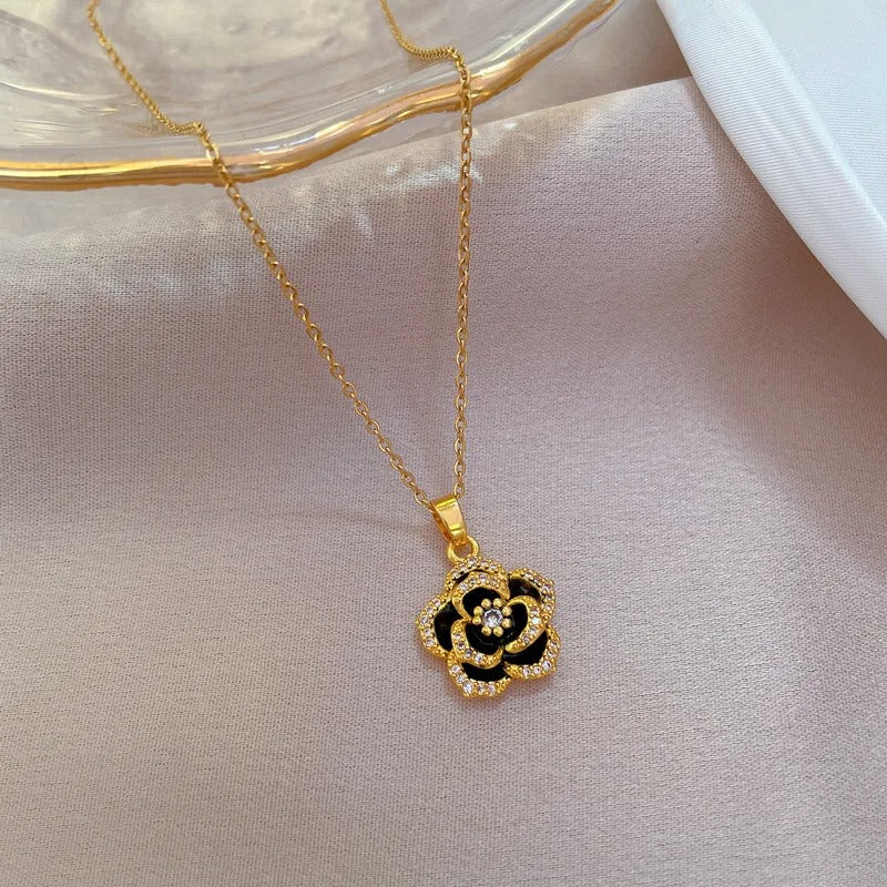 Black Camellia Flower Long Chain Necklace for Women