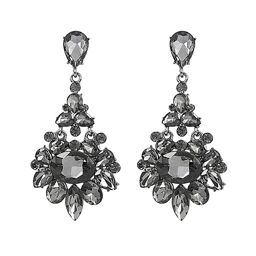Bridal Long Drop Earrings Dark Blue Gray Champagne Crystals