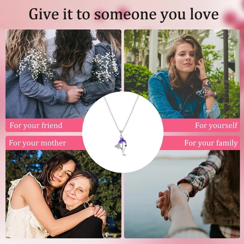 2025 New 925 Sterling Silver Necklace Zircon Purple Iris Flower Simple Necklaces for Women Anniversary Birthday Jewelry Gift