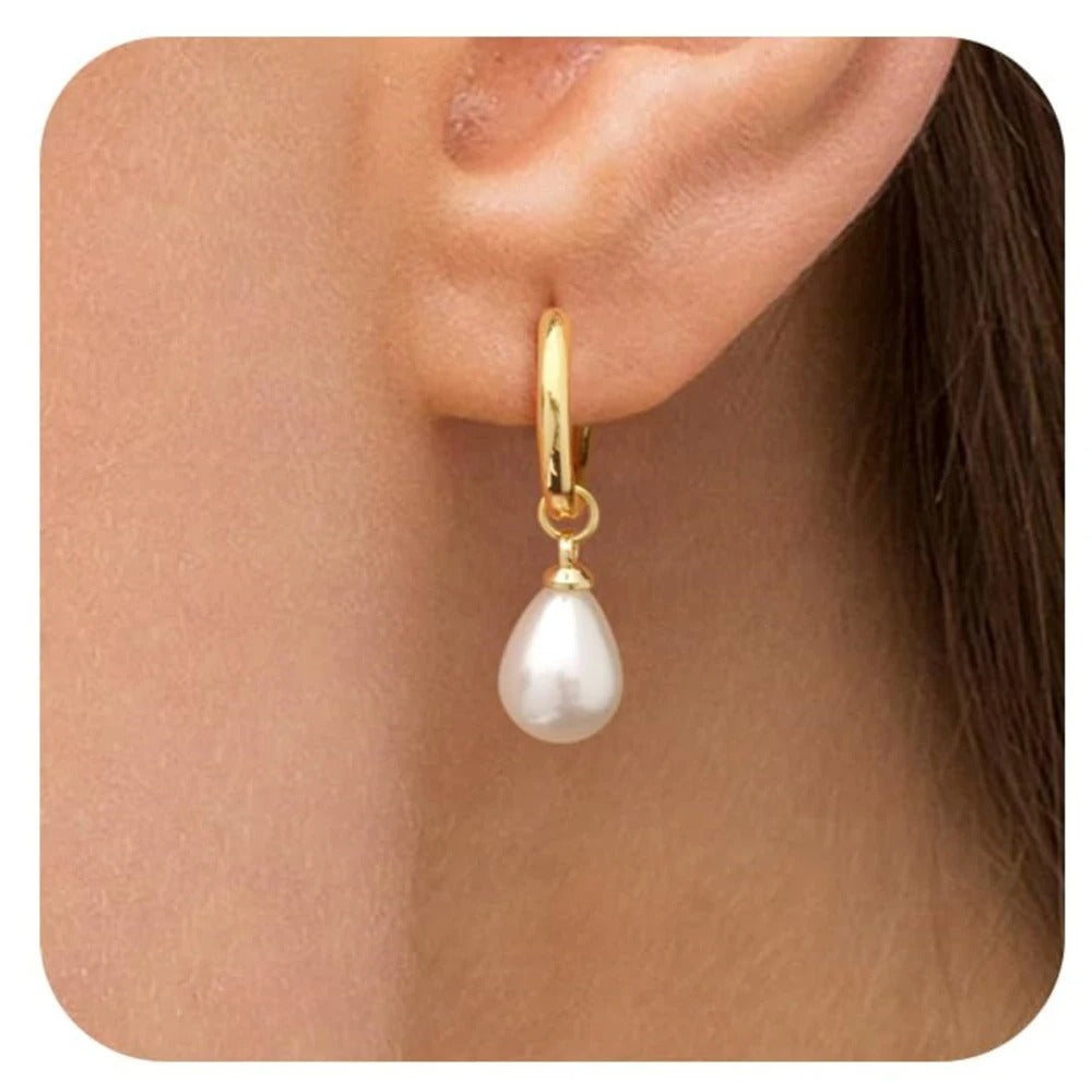 Trendy 14K Gold Plated Pearl Dangle Drop Hoop Earrings for Women CZ Irregular Knot Huggie Studs Hypoallergenic Jewelry