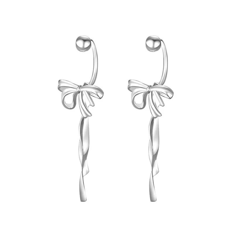 925 Silver Ribbon Bow Screw Earrings Women Long Fringe Jewelry