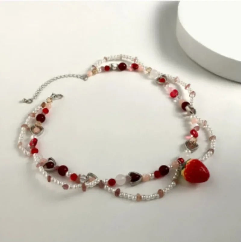Sweet Charm Imitation Pearl Chain Strawberry Pendant Necklace for Women Wed Bridal Love Heart Choker Aesthetic Jewelry