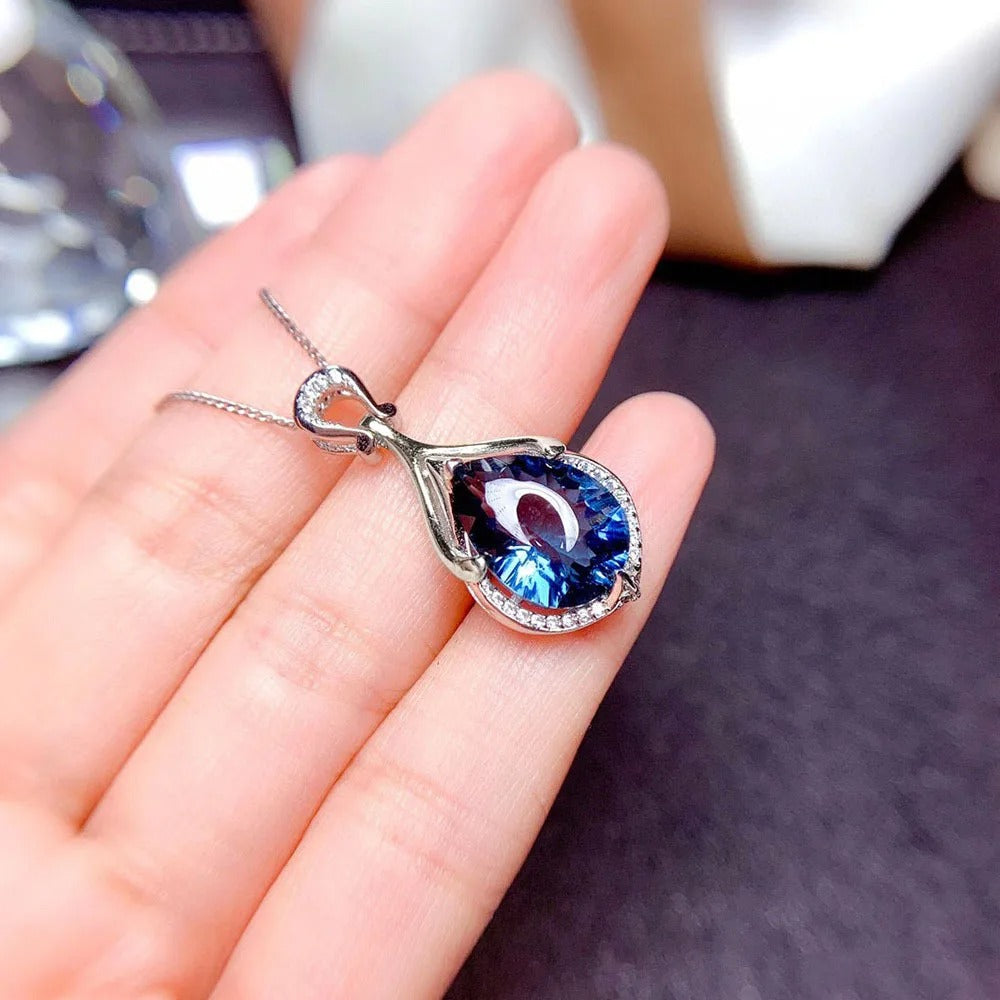 Blue Cubic Zirconia Necklace for Women Full Bling Iced Out Engagement Wedding Neck Accessory Jewelry