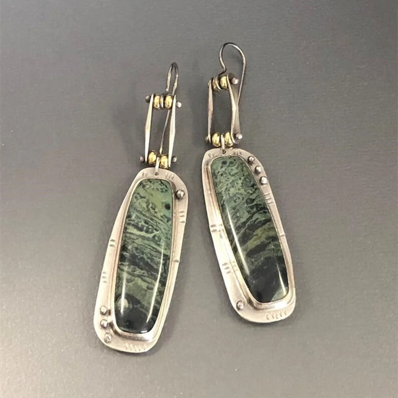 Trendy Long Carving Green Pattern Hook Earrings for Women Vintage Metal Two Tone Square Dangle Earrings Jewelry