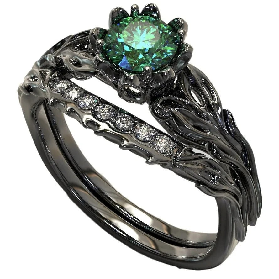 Fashion new women's two-piece ring electroplating gun black inlaid emerald casual commuting jewelry