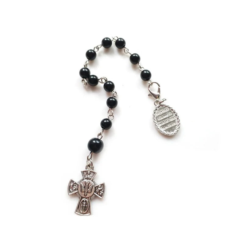 Vintage Black Glass Rosary Cross Bracelets For Men Women Religious Jewelry