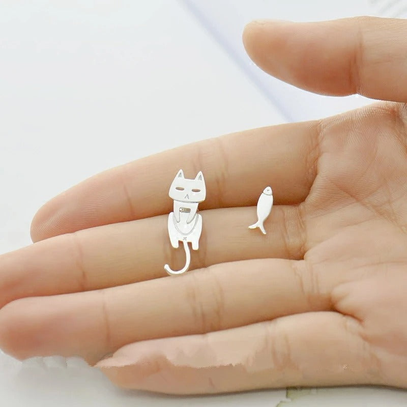 Hypoallergenic Cat Fish Stud Earrings 925 Silver Women