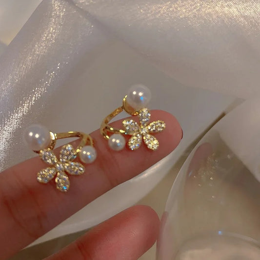 Light Luxury Imitation Pearl Flower Stud Earrings For Women Girl Fashion Crystal Elegant Jewelry Party Birthday Gifts