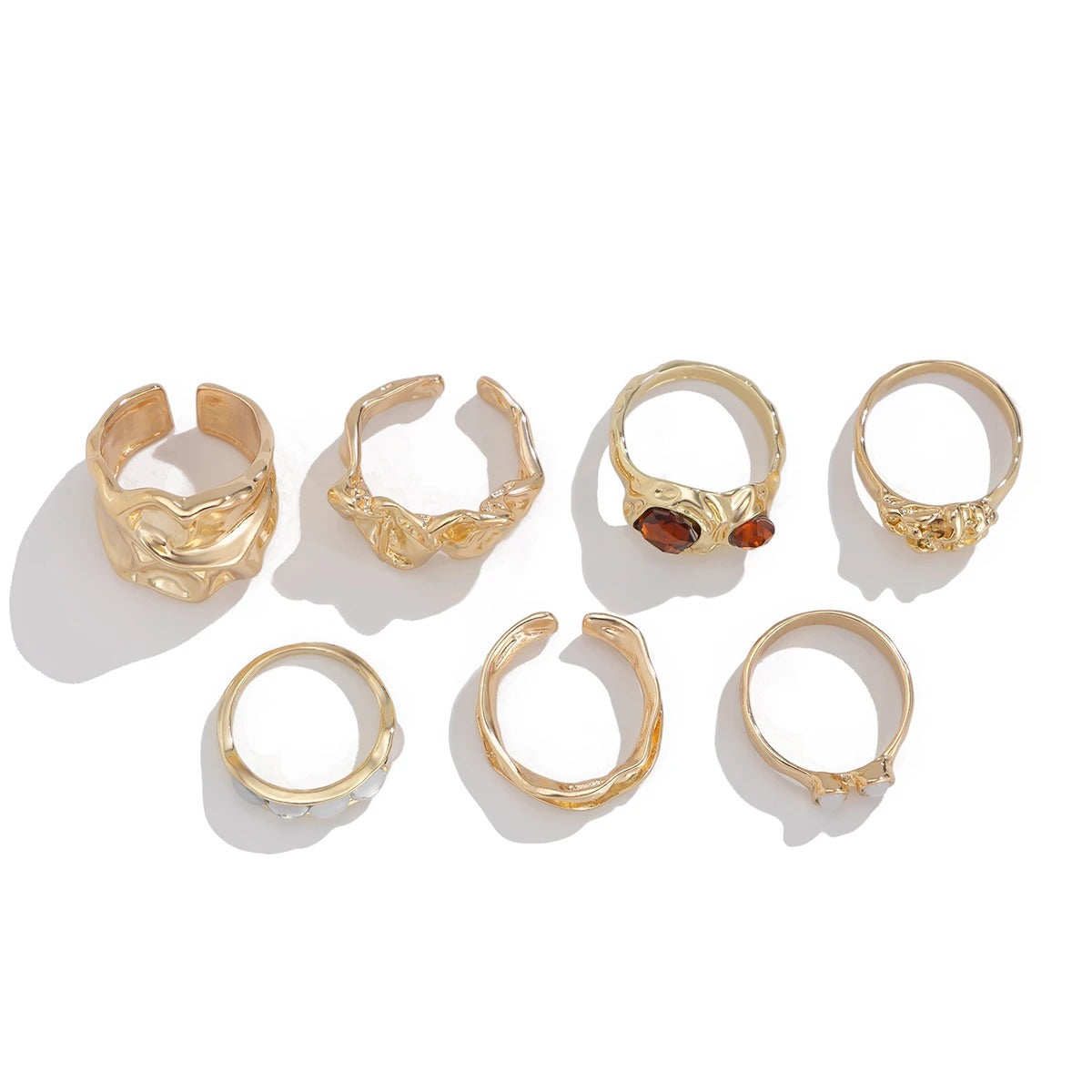 Ingemark 7Pcs/Set Vintage Irregular Folded Surface Open Rings for Women Goth Red Rhinestone Finger Rings Wed Bridal Jewelry Gift