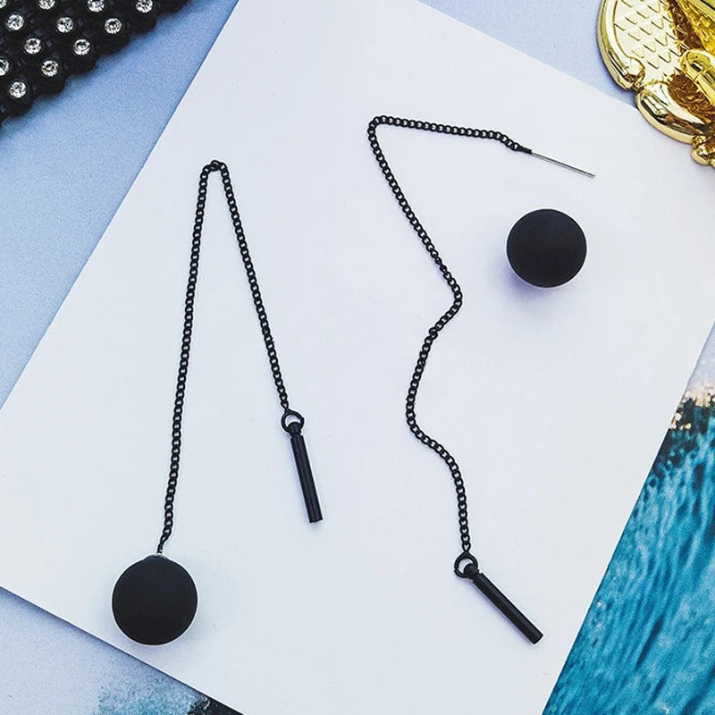 New Korean Temperament Black Matte Ball Pendant Earrings for Women Long Tassel Ear Line Hanging Earring Girls Party Jewelry Gift