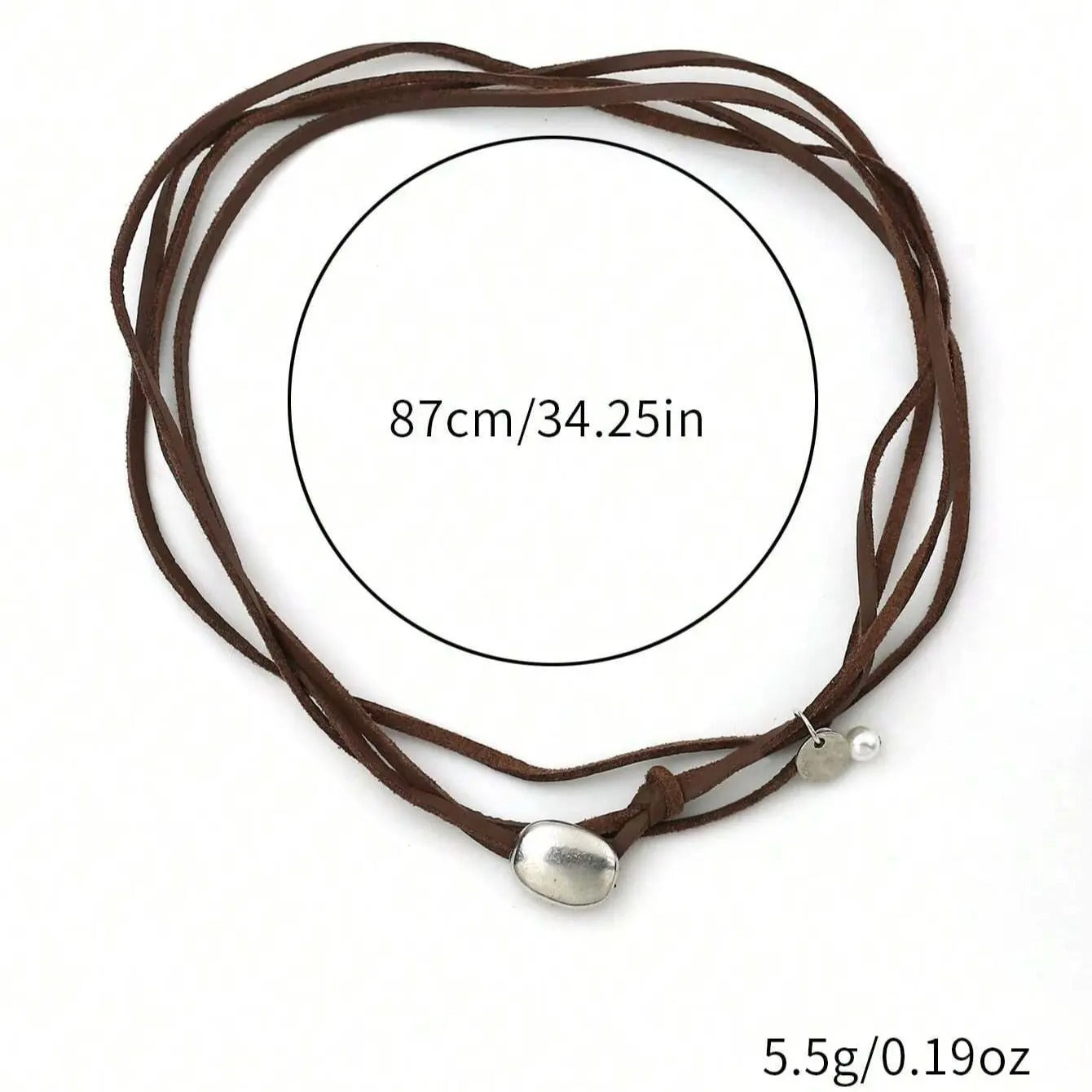 1Pc Retro Round Brand Simple Style Leather Rope Metal Imitation Pearl Brown Silver Color Necklace Woman Party Daily