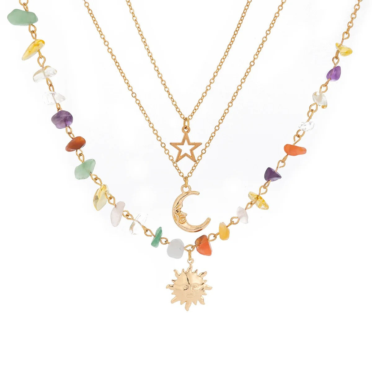 Retro Moon, Sun, Star Pendant Necklace 2025 Women's Multi layer Gold Color Metal Colored Stone Weaving Girls' Fashion Jewelry
