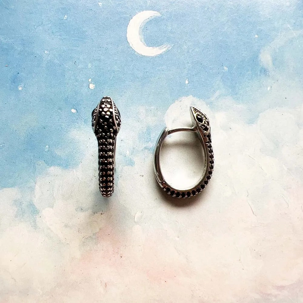 Blackened Snake Hoop Earrings Creole Fine Jewelry For Women Men Vintage Gift In 925 Sterling Silver