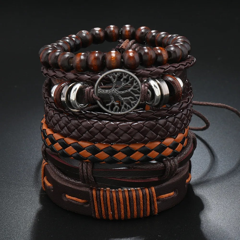 Handmade Wood Bead Wrap Bracelets Men Women Leather Jewelry