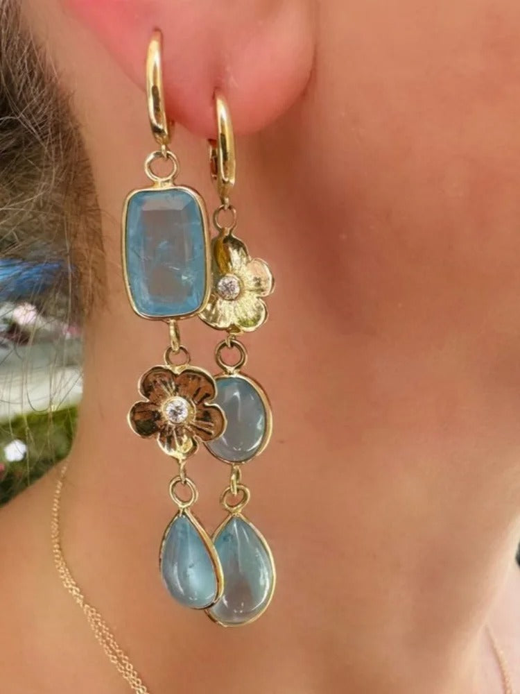 Beautiful Floral Square Dangle Earrings 2 Pieces Gold Jewelry