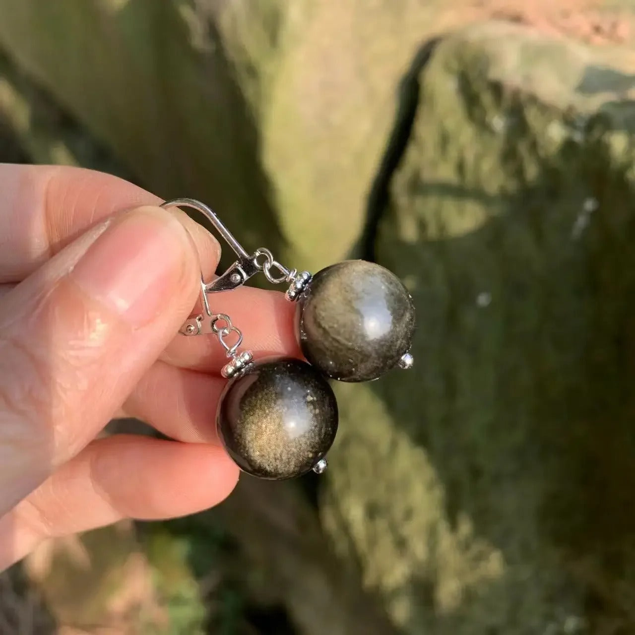 Natural Golden Obsidian Hoop Earrings Sterling Silver Jewelry