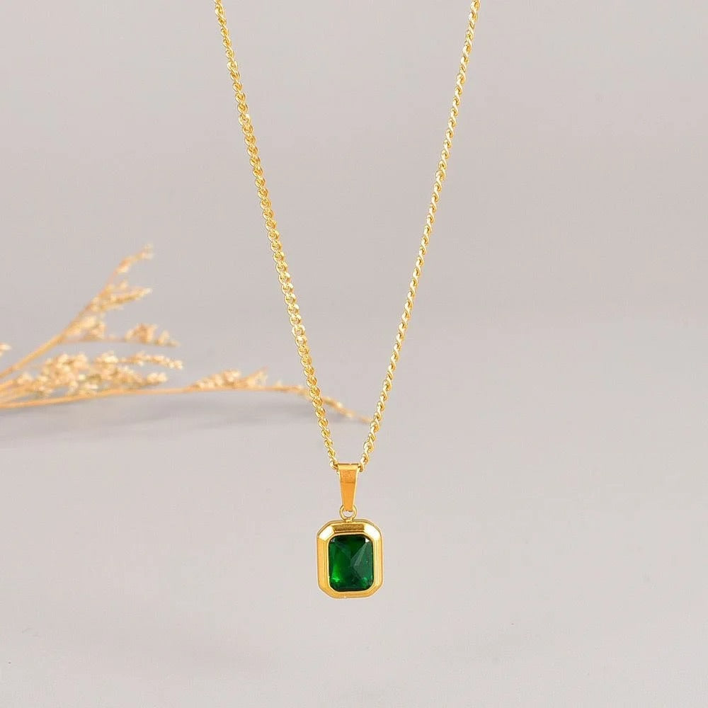 316L Stainless Steel Gold Plated Emerald Square Pendant Necklace