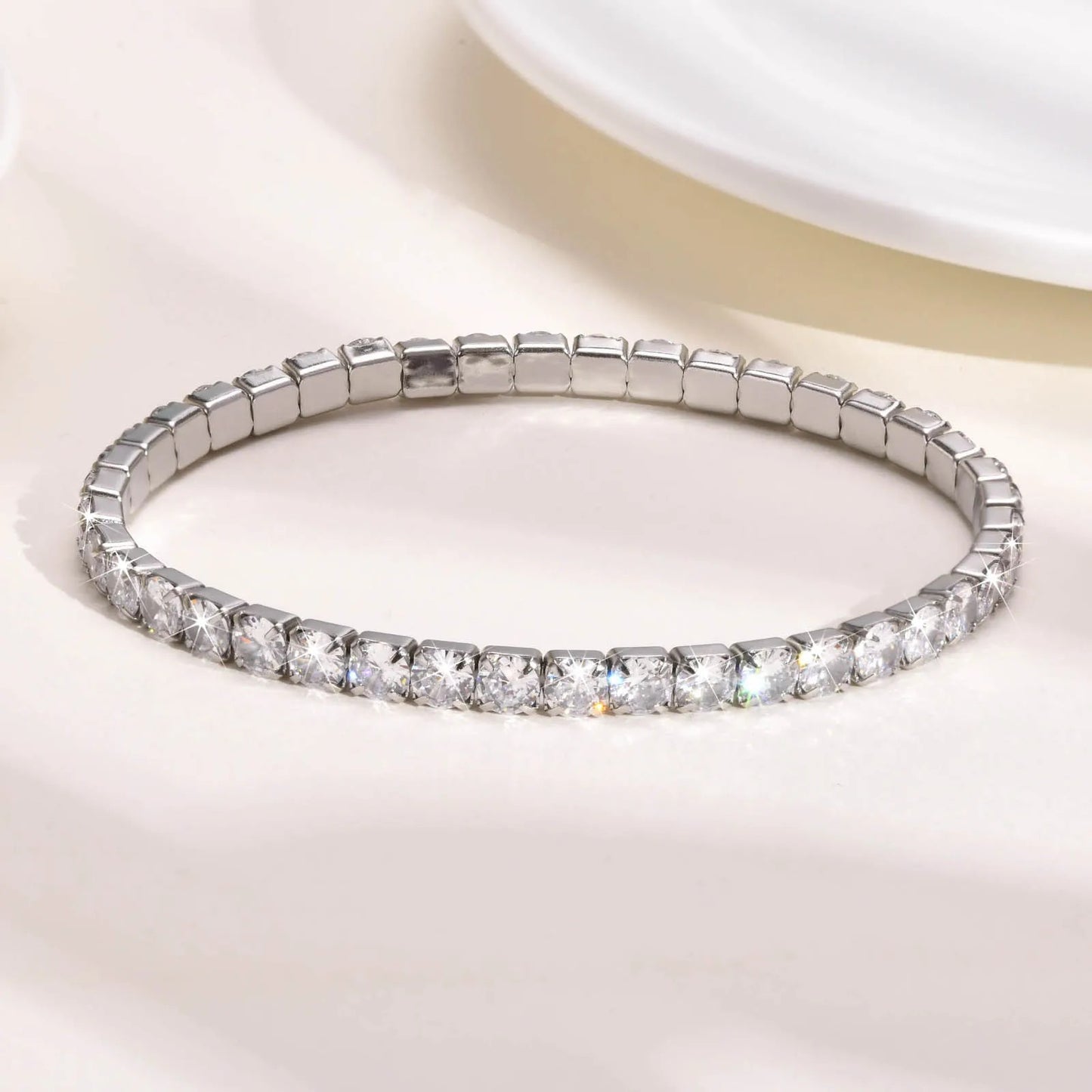 Cubic Zirconia Tennis Bracelet for Women, Elastic Stainless Steel Rose Gold Color Hand Chain, Minimalist Link Jewelry