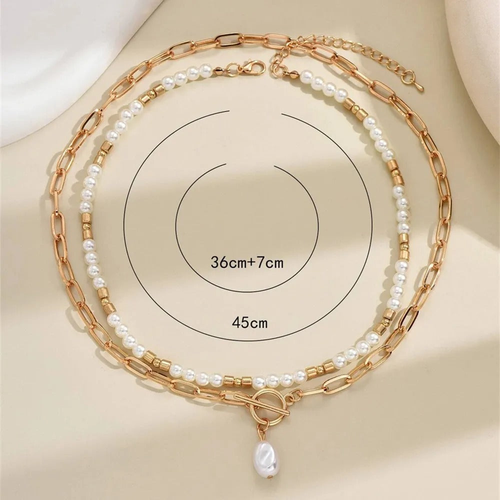 New Vintage Punk Metal Bead Chain Artificial Pearl Pendant Necklace For Women Boho Fashion Multilevel Jewelry Gift