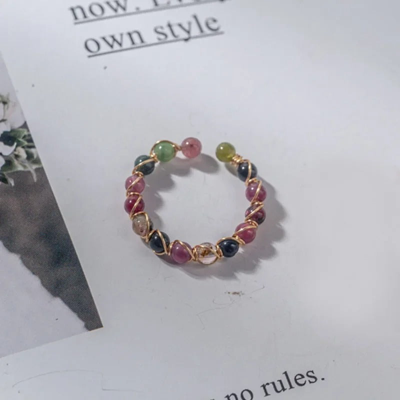 Rainbow Tourmaline Stone Ring Women Handmade Adjustable Jewelry