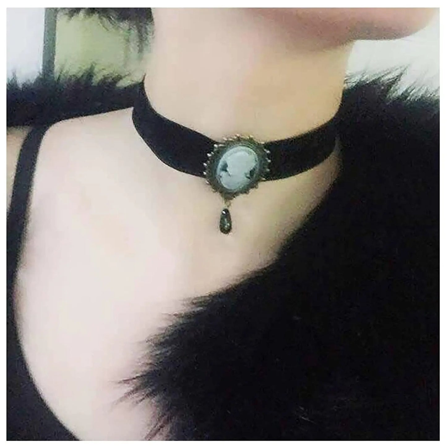 Gothic Retro Black Victorian Cameo Choker Pearl Bead Velvet Pendent Necklace for Women and Girls