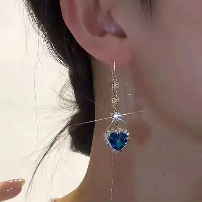 Luxury Temperament Green Zircon Drop Earrings For Women Heart Shape Fashion Long Tassel Rhinestone Earring Wedding Party Jewelry