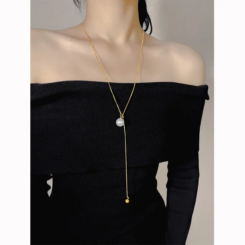 316L Stainless Steel Pearl Minimalist Pendant Necklace For Women Adjustable Slider Clasp Rope Chain Jewelry Party Gift