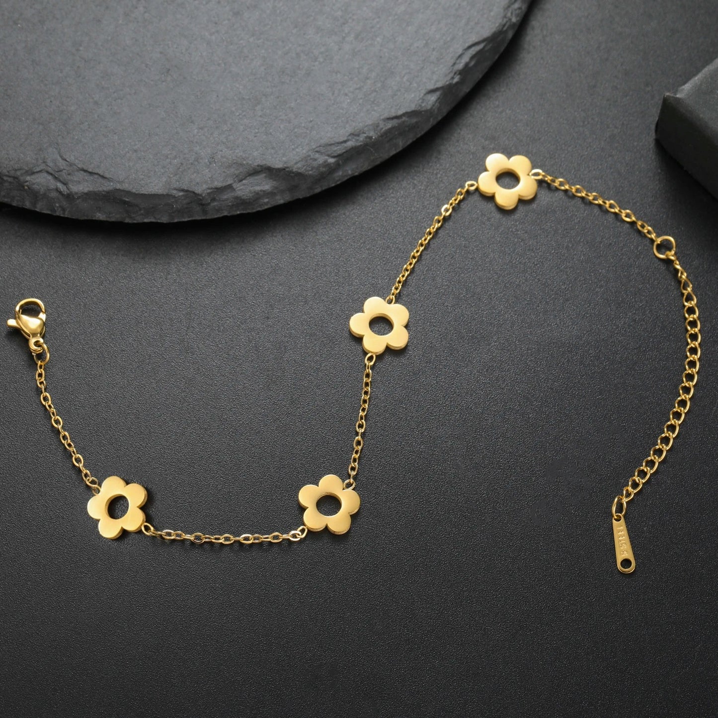 Gold Stainless Steel Flower Bracelet for Women Adjustable Charm Jewelry