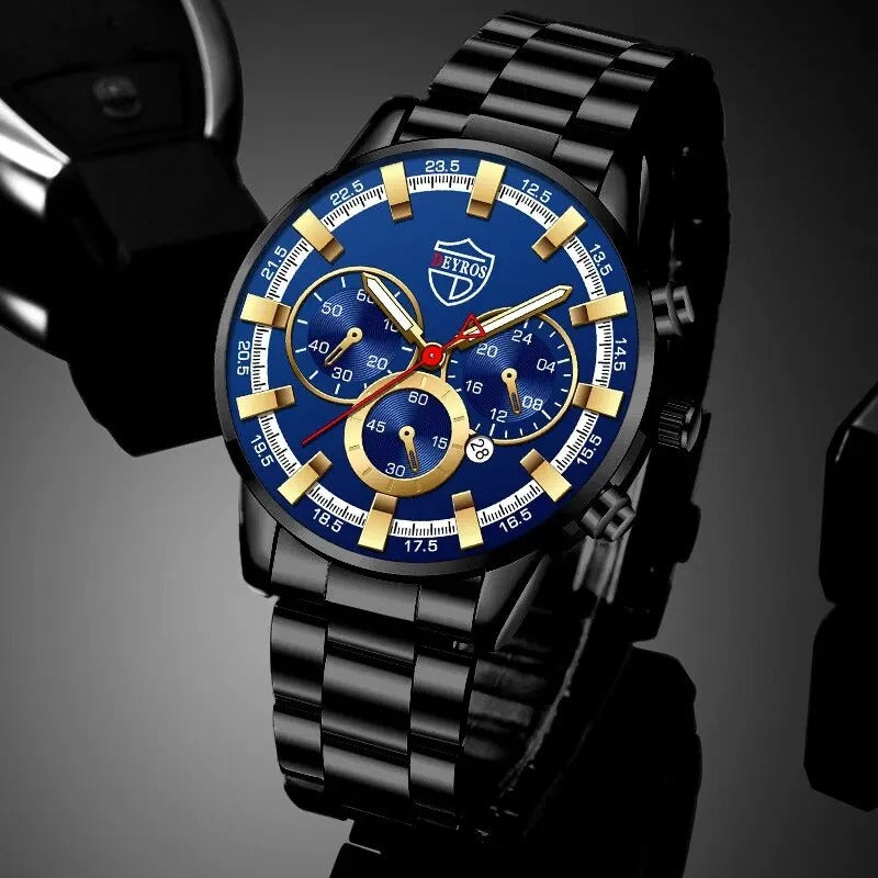 DEYROS 2pcs Luxury Black Quartz Watch With Stainless Steel Bracelet For Men Business Fashion Round Calendar Watch Set
