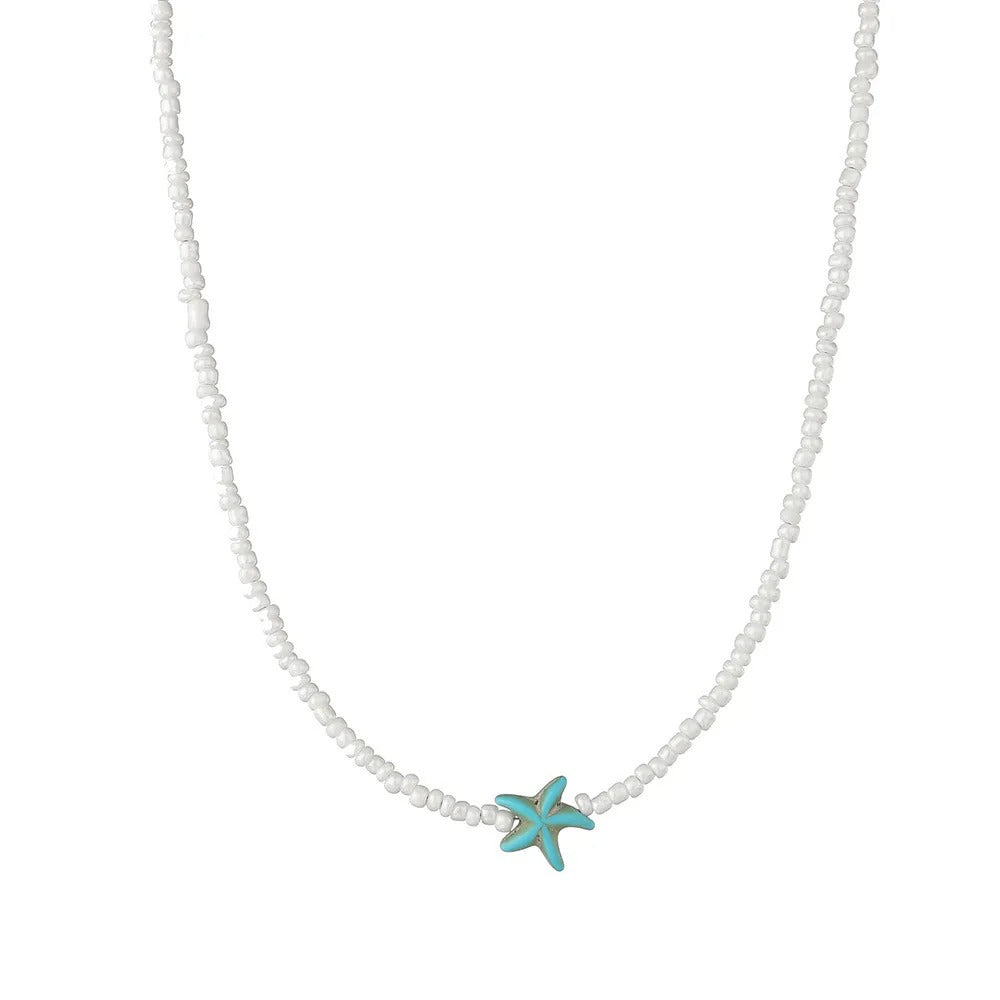 Summer Beaded Choker Necklace with Starfish & Turtle Pendant