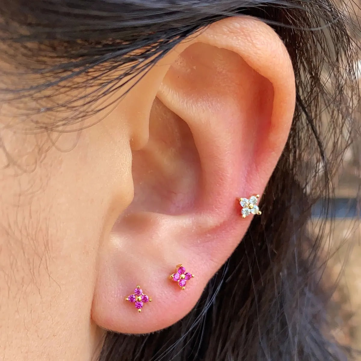 Crystal Flower Stud Earrings for Girls Sweet Red Zircon Cartilage Jewelry