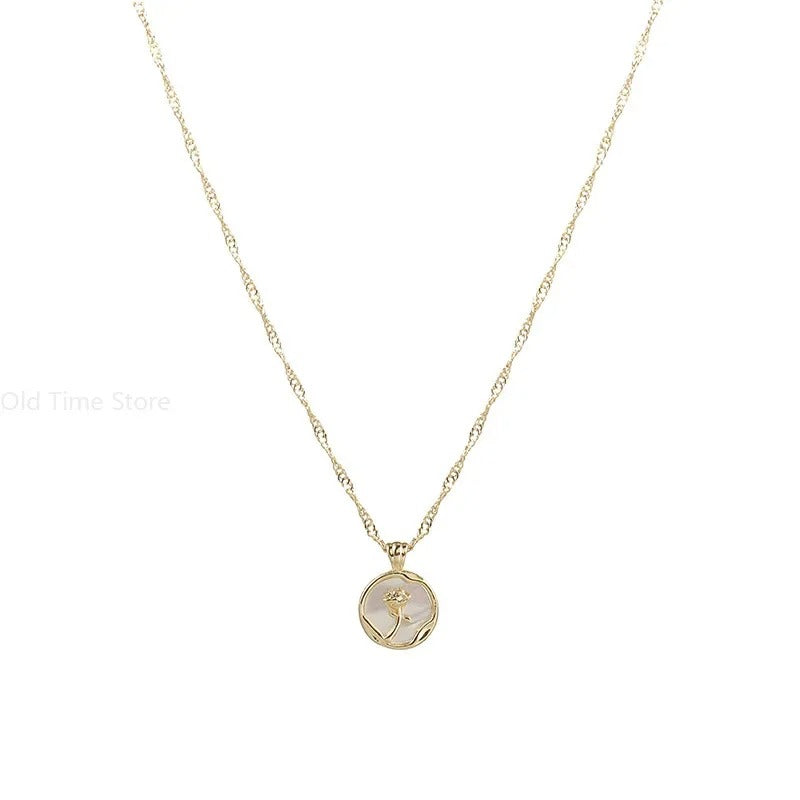 New Irregular Round Shell Metal Rose Pendant Stainless Steel Necklace for Women's Vintage Clavicle Chain Party Luxury Jewelry