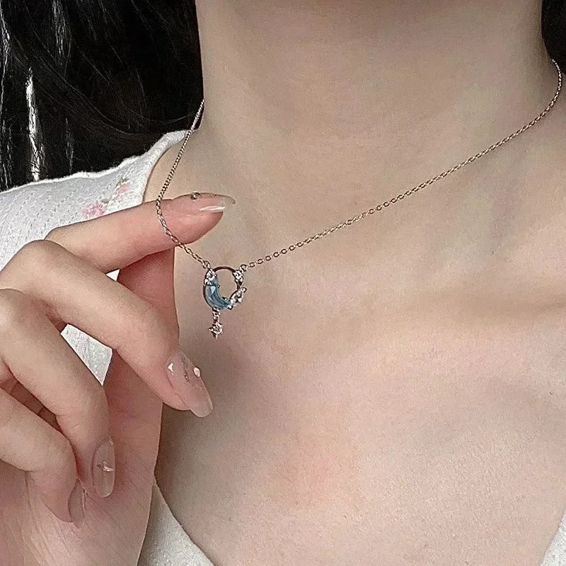 Korean Crystal Star and Moon Chokers, Colorful Enamel Stone Pendant Necklaces for Women, Neck Chain, Fashion Jewelry Gifts