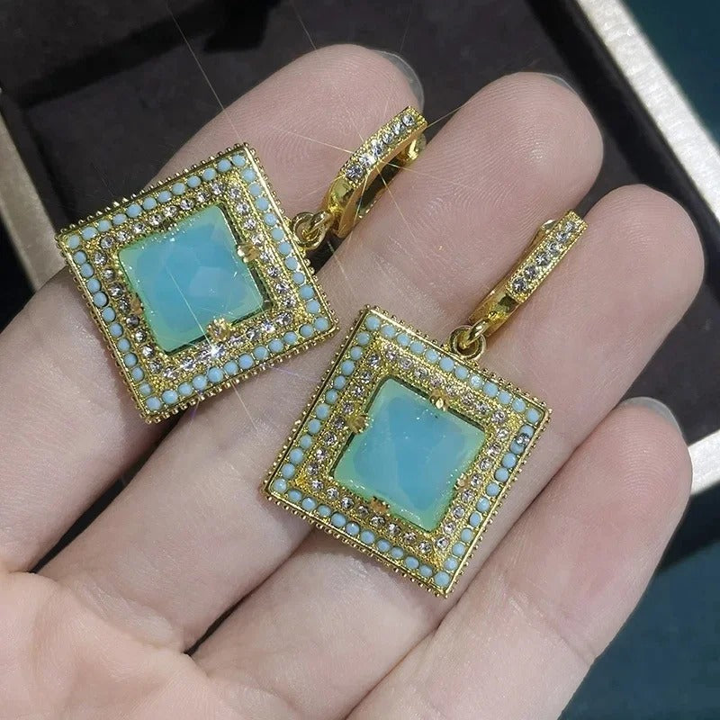 Gold Square Stone Dangle Earrings Women’s Wedding & Party Jewelry