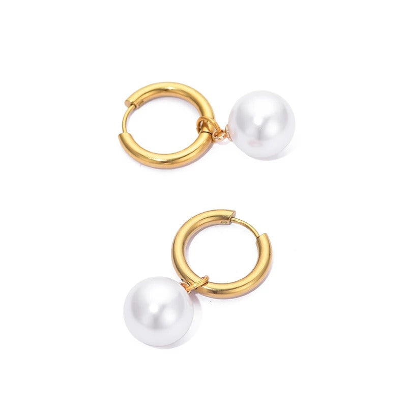Women Round White Pearl Hoop Earrings Elegant Drop Dangle Jewelry