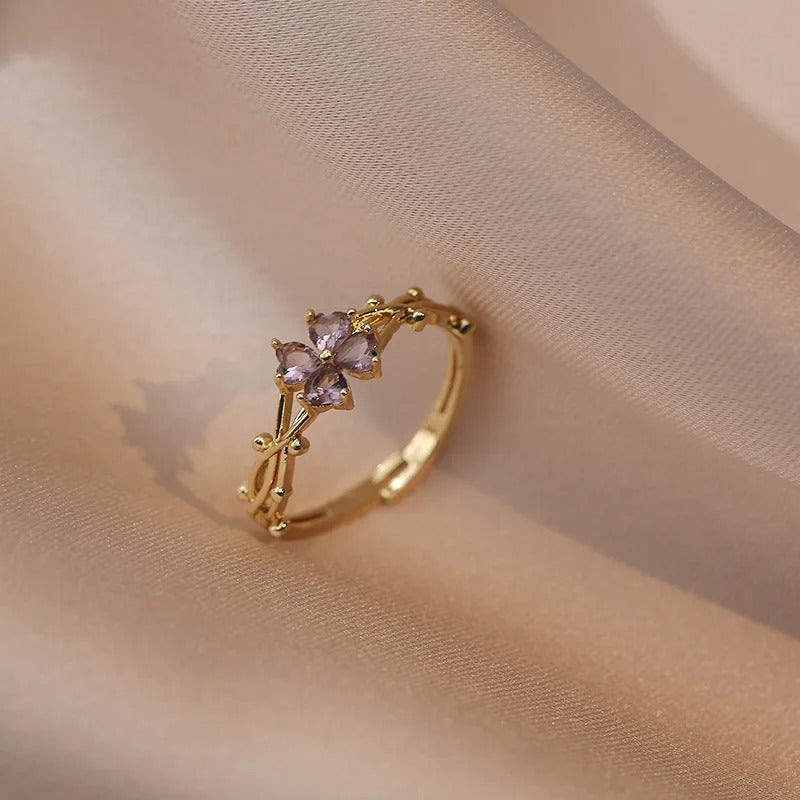 Purple Zircon Flower Adjustable Ring Gold Color CZ Charm Jewelry for Women and Girls