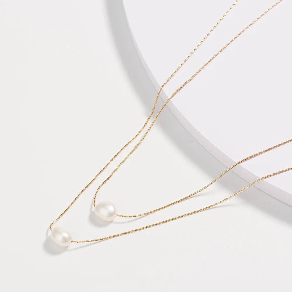 Stainless Steel New Fashion Exquisite Beaded Double Layer Imitation Pearl Chandel Chain Necklace and Stainless Steel Pendant