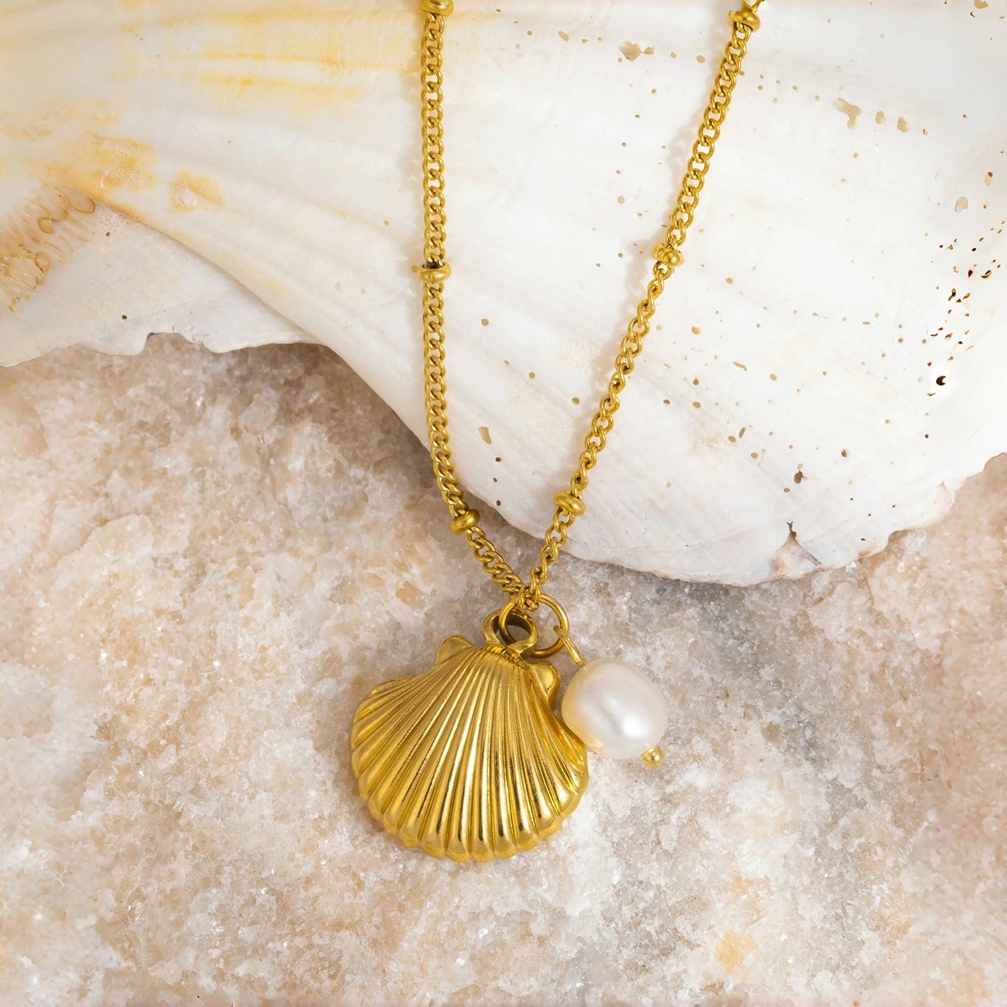 18K Gold Plated Stainless & Pearl Pendant Necklace for Women, Summer Beach Boho Coastal Hypoallergenic Jewelry Gift