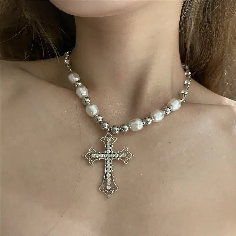 Pearl Cross Pendant Necklace Women Punk Retro Women Religious Zircon Chain Necklaces Girls Hip Hop Party Trendy Jewelry Gift