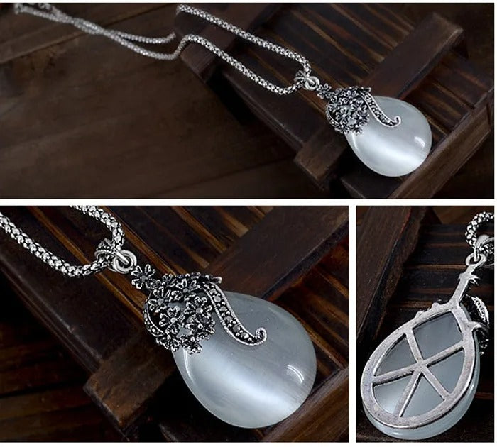 Vintage 925 Sterling Silver Jewelry Sets For Women Fashion Water Drop Shape Cat Eye Stone Pendants Necklace Earring Set