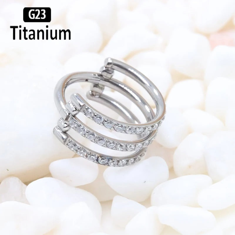G23 Titanium 3-Row Zircon Hoop Clicker Nose Septum Tragus Helix Cartilage Lip Piercing Jewelry.