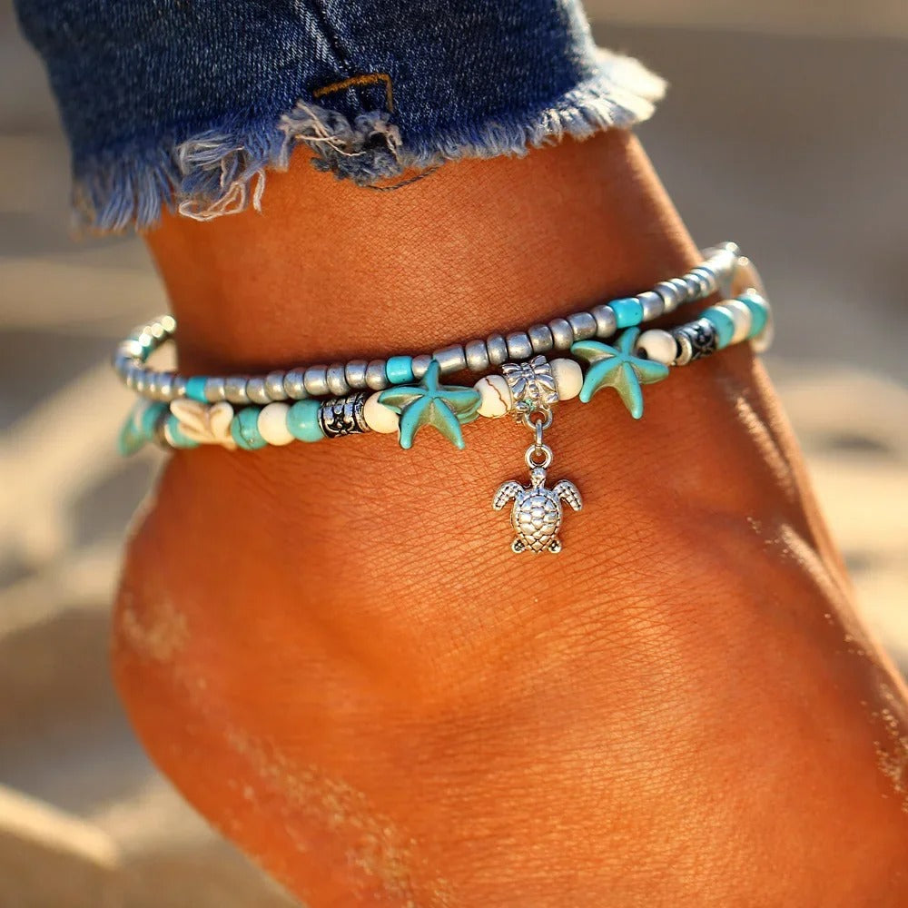Summer Beach Boho Double Heart Anklets for Women Fashion Shell Starfish Ankle Bracelet on Leg Barefoot Handcraft Chain Jewelry