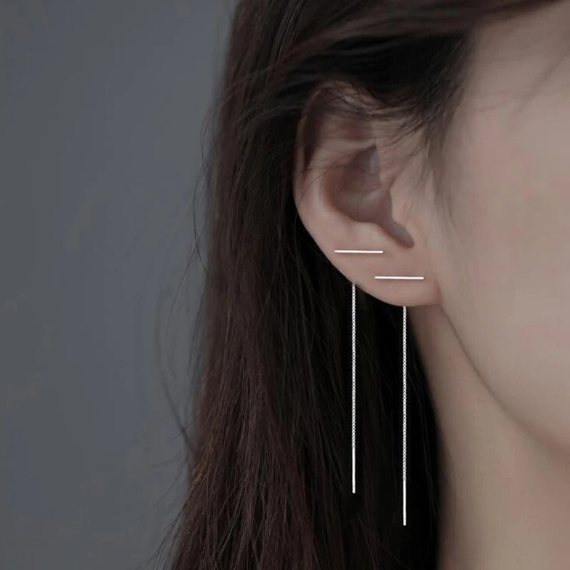 Silver Star Line Tassel Earrings Long Chain Asymmetrical Jewelry