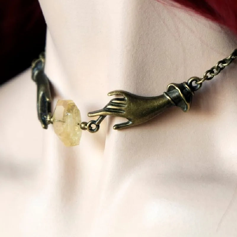 Witchy Chain Choker Hands Necklace Jewelry Magical Bronze Hands Yellow Druzy Citrine Stone Fashion Women Gift Pendant Statement