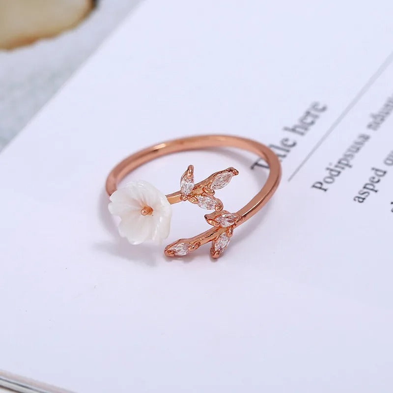 Women’s Adjustable Zircon Leaf Shell Flower Ring Rose Gold Jewelry