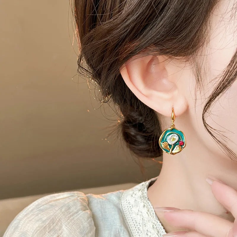 Women’s Vintage Oil Painting Flower Earrings Pearl Drop Jewelry